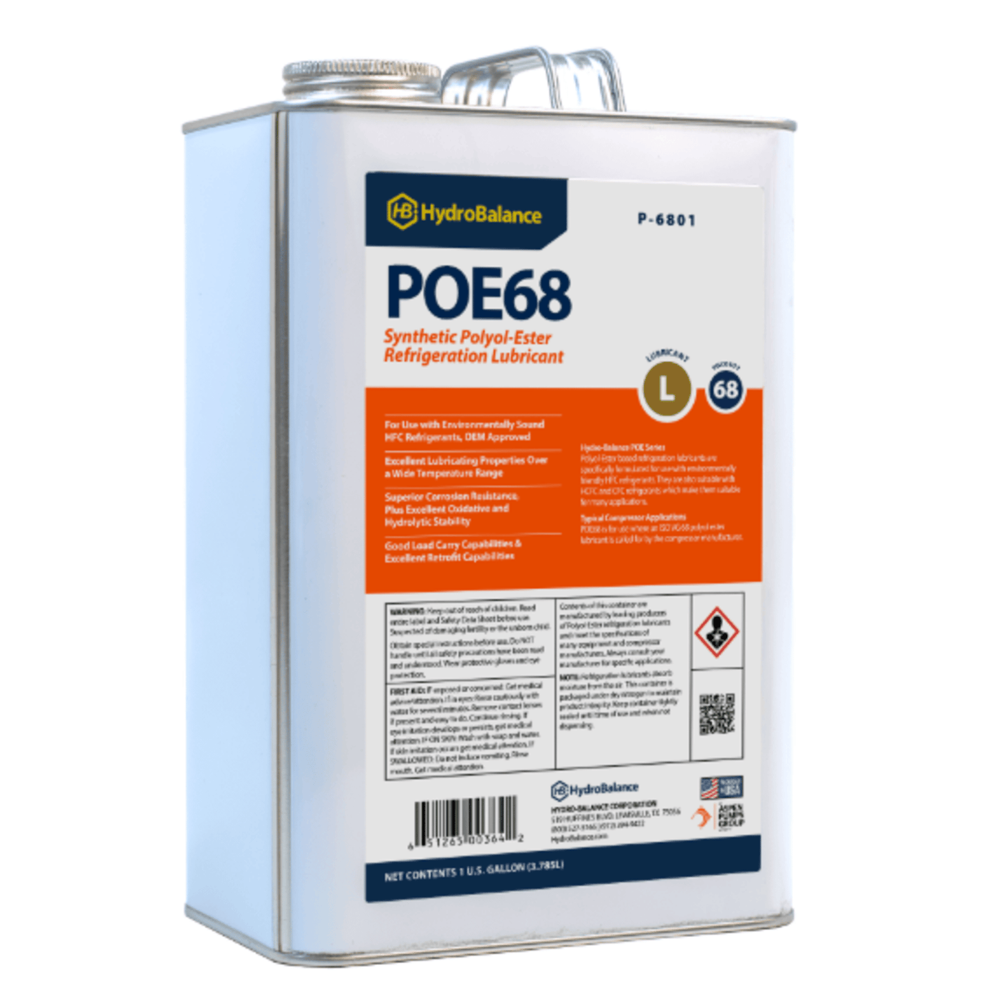 P-E6801 - HydroBalance - ISO 68s Polyol Ester Ref Lube 1 Gal Metal Can, (4PK)