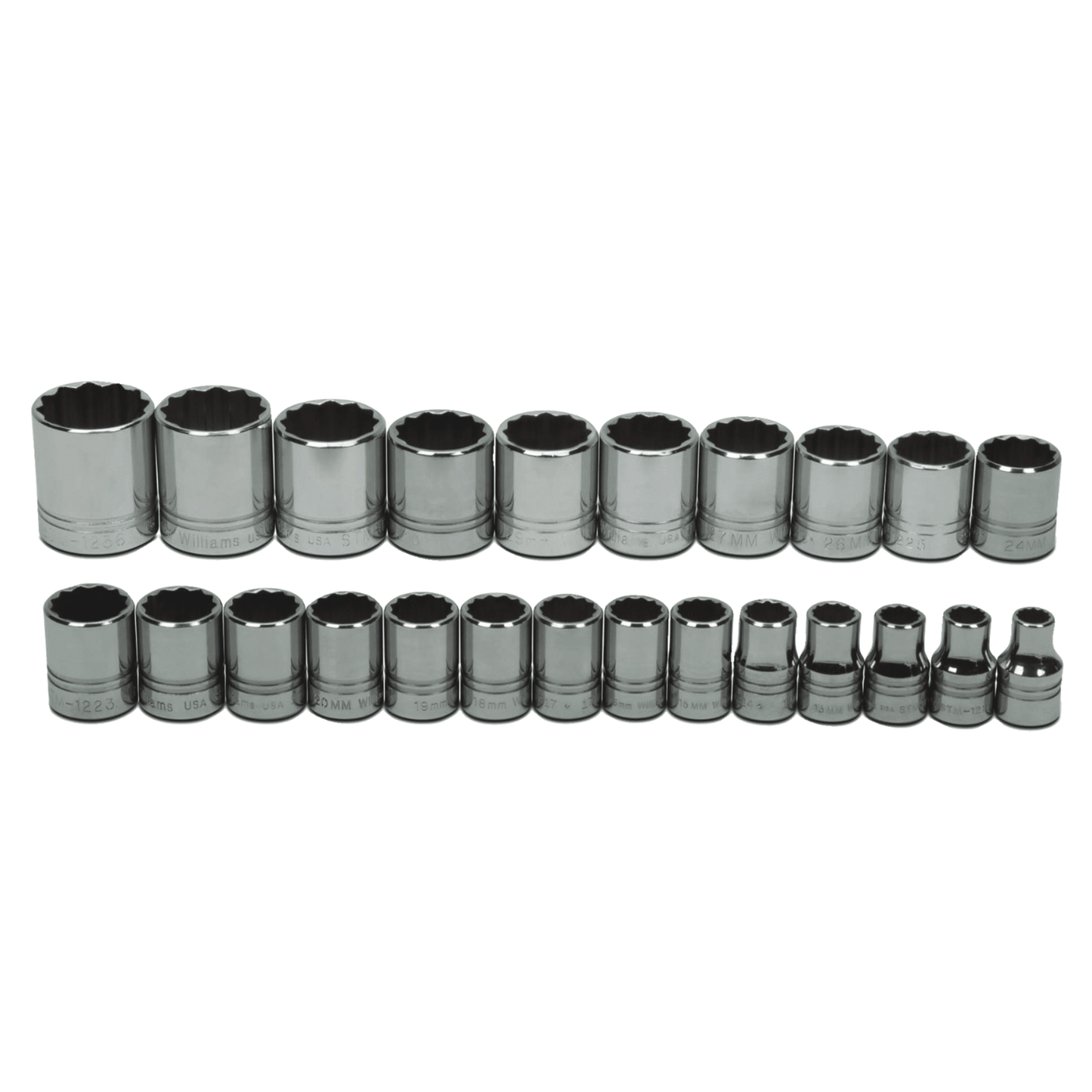 JHWMSS-24RC - Williams - 24pc 1/2" Drive 12-Point Metric Shallow Socket Set on Rail and Clips