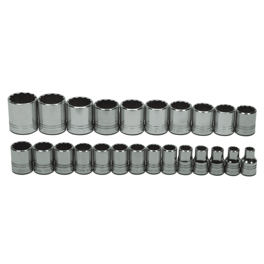 JHWMSS-24RC - Williams - 24pc 1/2" Drive 12-Point Metric Shallow Socket Set on Rail and Clips