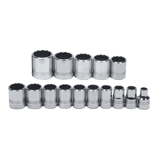 JHWMSS-15SRC - Williams - 15pc 1/2" Drive 12-Point Metric Shallow Socket Set on Rail and Clips