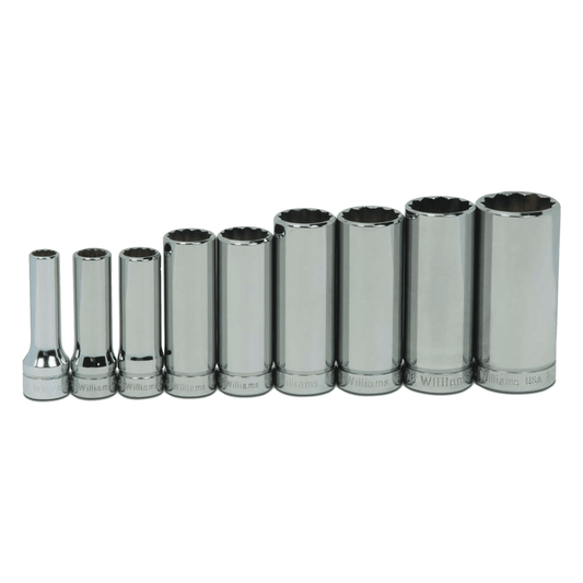 JHWWSBD-9RC - Williams - 9pc 3/8" Drive 12-Point SAE Deep Socket Set on Rail and Clips