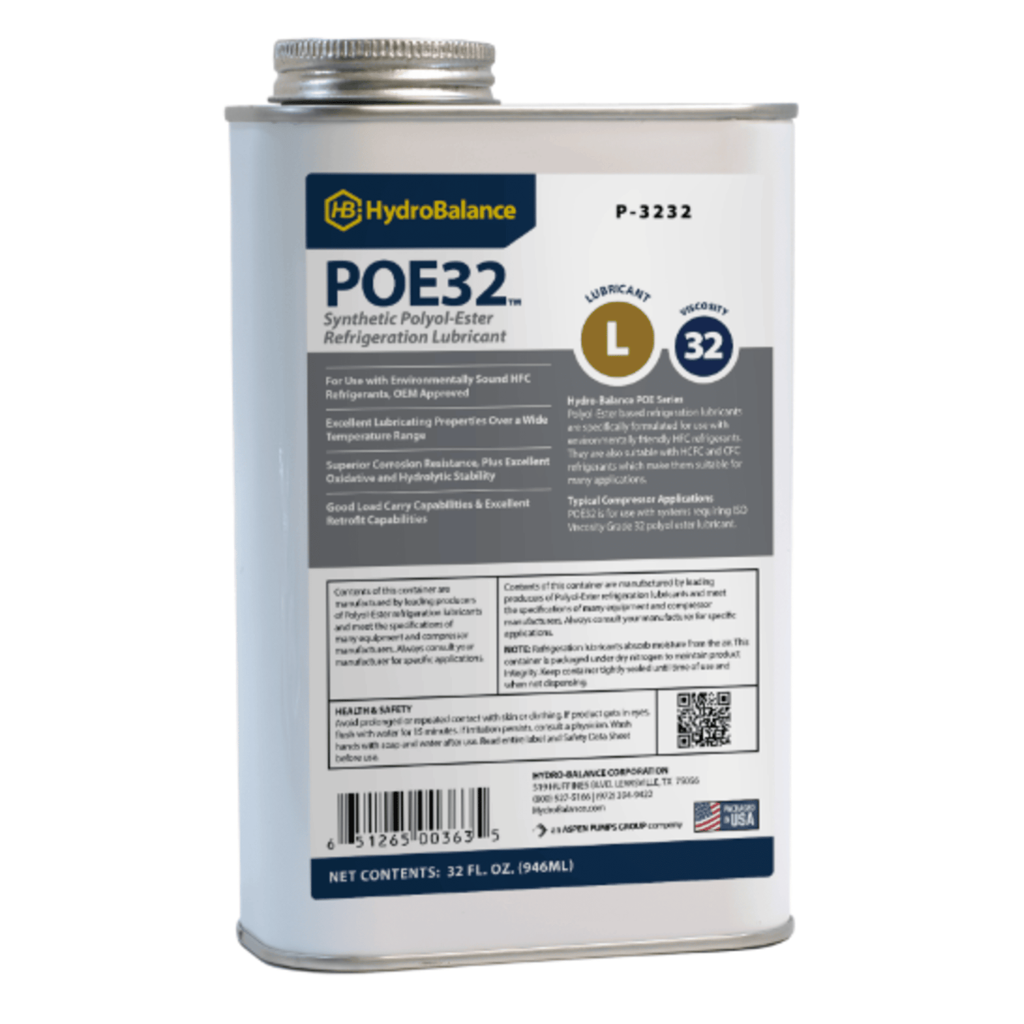 HydroBalance P-3232, ISO 32 Polyol Ester Ref Lube 32 fl.oz. Metal Can
