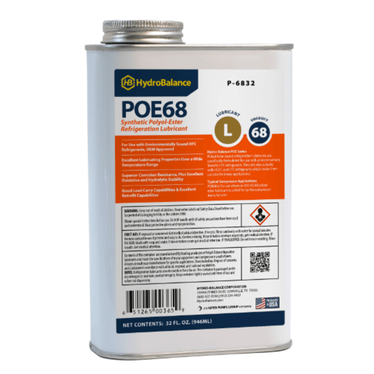 P-E6832 - HydroBalance - ISO 68s Polyol Ester Ref Lube 32 fl.oz. Metal Can, (12PK)