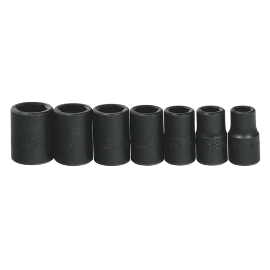 JHWWS-4-7RC - Williams - 7pc 1/2" Drive 6-Point SAE Shallow Socket Set on Rail and Clips