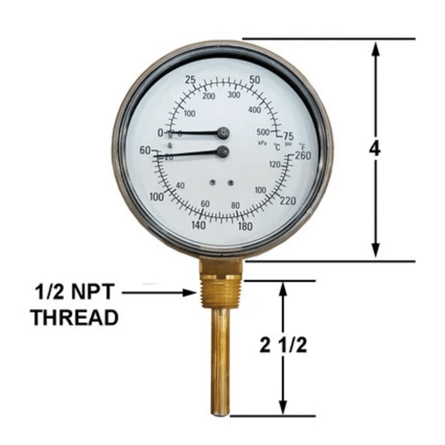 41461 - Crown - TRIDICATOR GAUGE HD BTM 1/2NPT 60-260F/0-75 PSI/BTM 4 In. DIAL (1EA)