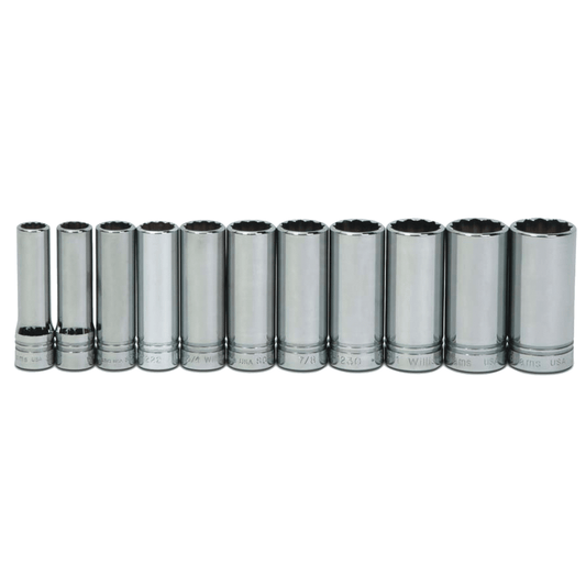 JHWWSSD-11RC - Williams - 11pc 1/2" Drive 8-Point SAE Deep Socket Set on Rail and Clips
