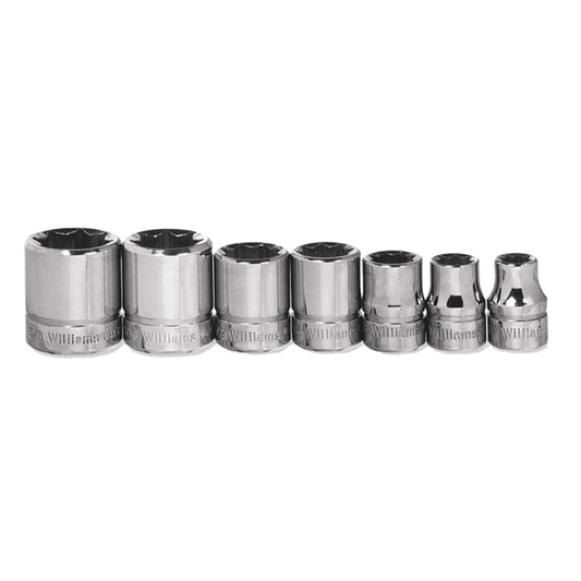 JHWWSBD-7RC - Williams - 7pc 3/8" Drive 4 & 8-Point SAE Shallow Socket Set on Rail and Clips