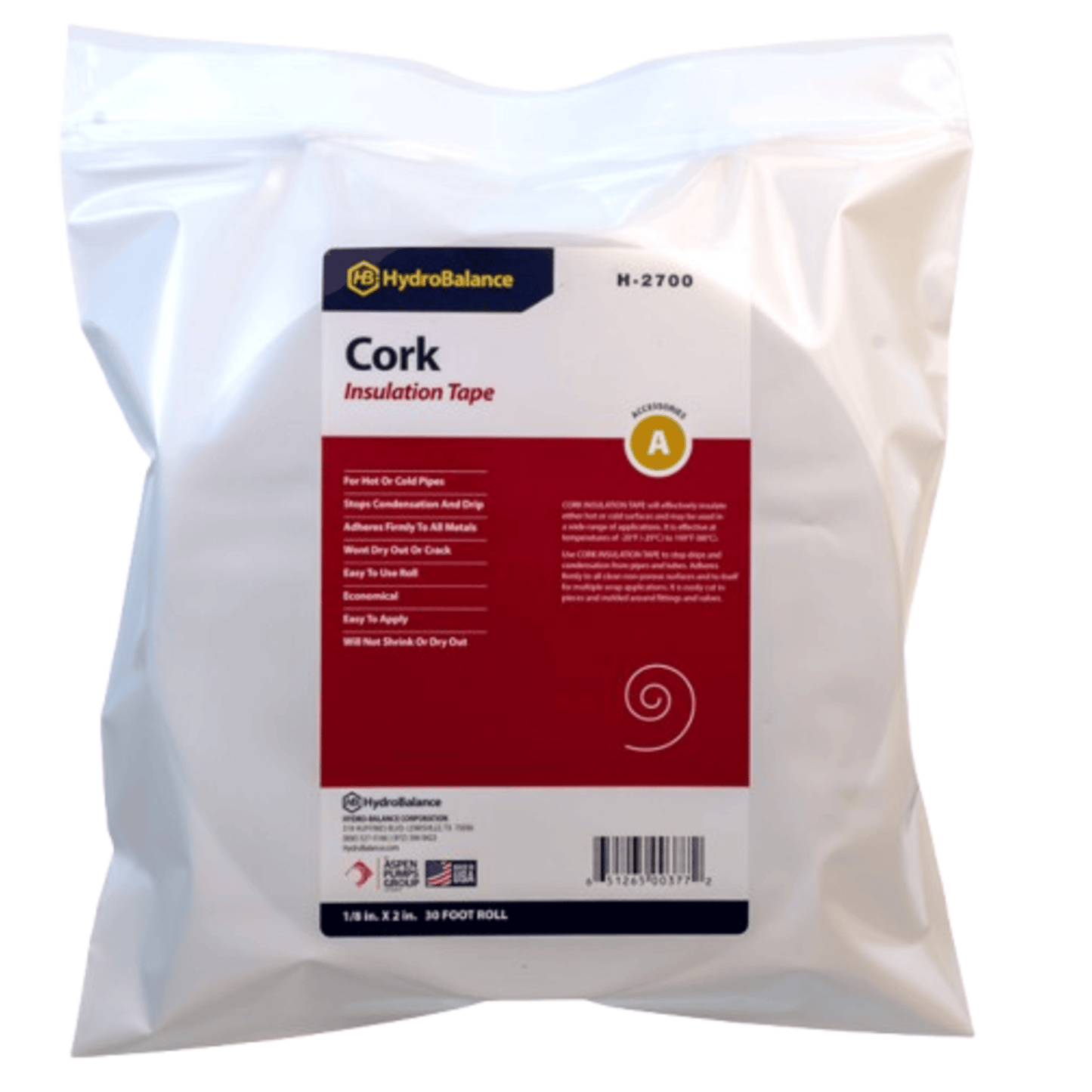 HydroBalance H-2700, Cork Insulation Tape 1/8" x 2" x 30' Roll, 12 EA/CS