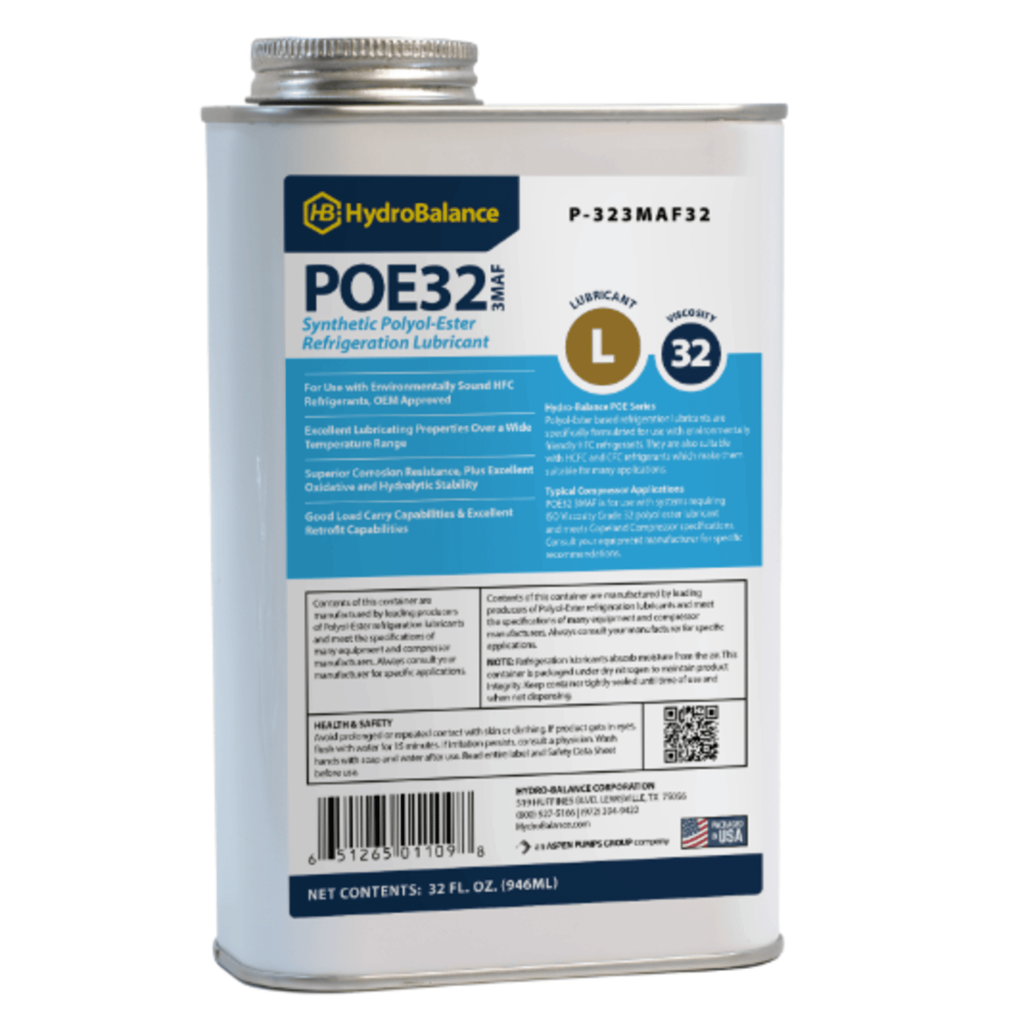 P-323MAF32 - HydroBalance - ISO 32 3MAF POE Ref Lube 1 Quart Metal Can, (12PK)