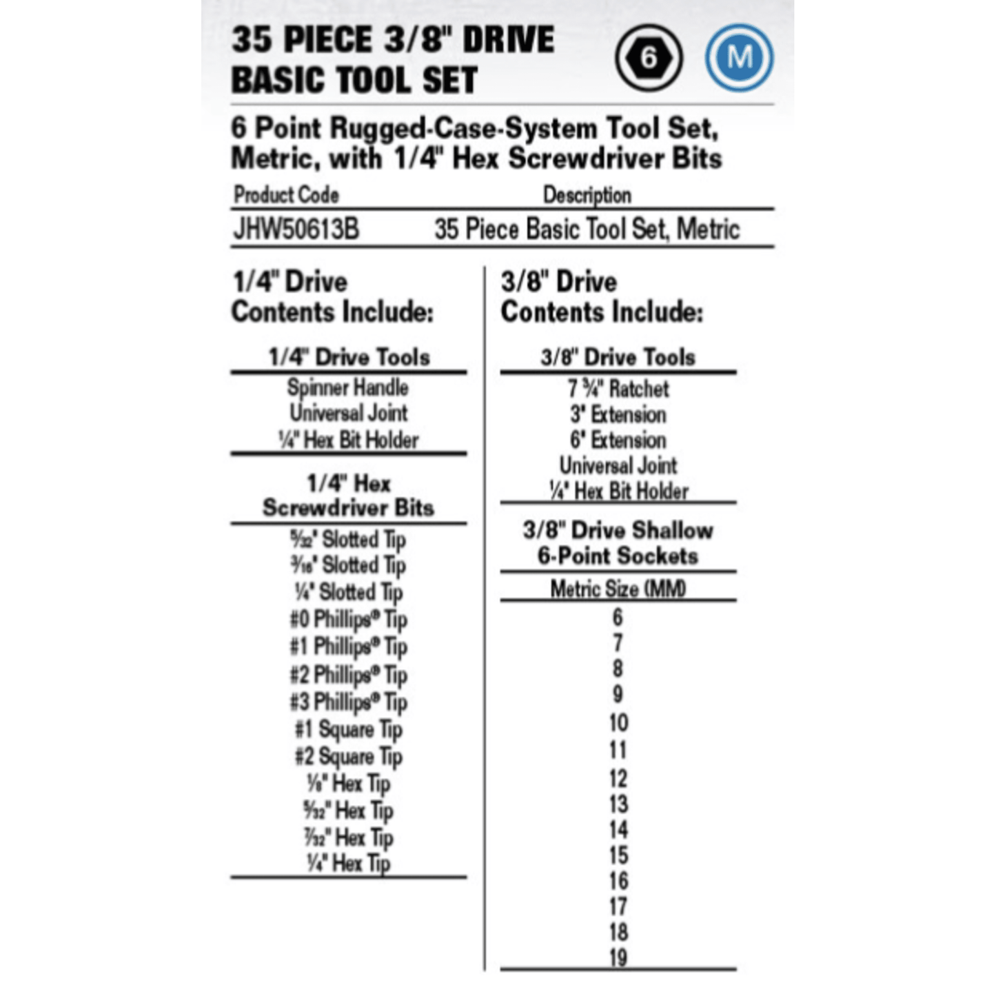 JHW50613B - Williams - Basic Tool Set with 1/4" Hex Screwdriver Bits 6 Drive 6-Point Metric 35pc