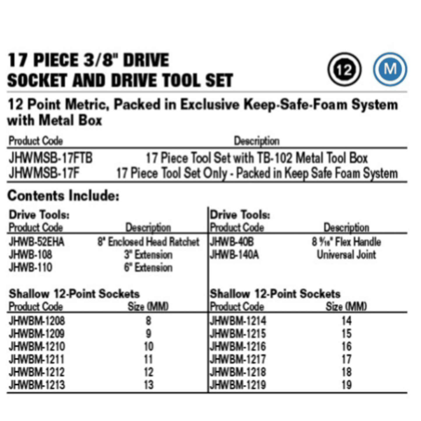 JHWMSB-17FTB - Williams - Socket and Drive Tool Set, 3/8" Drive 12-Point Metric Shallow 17pc