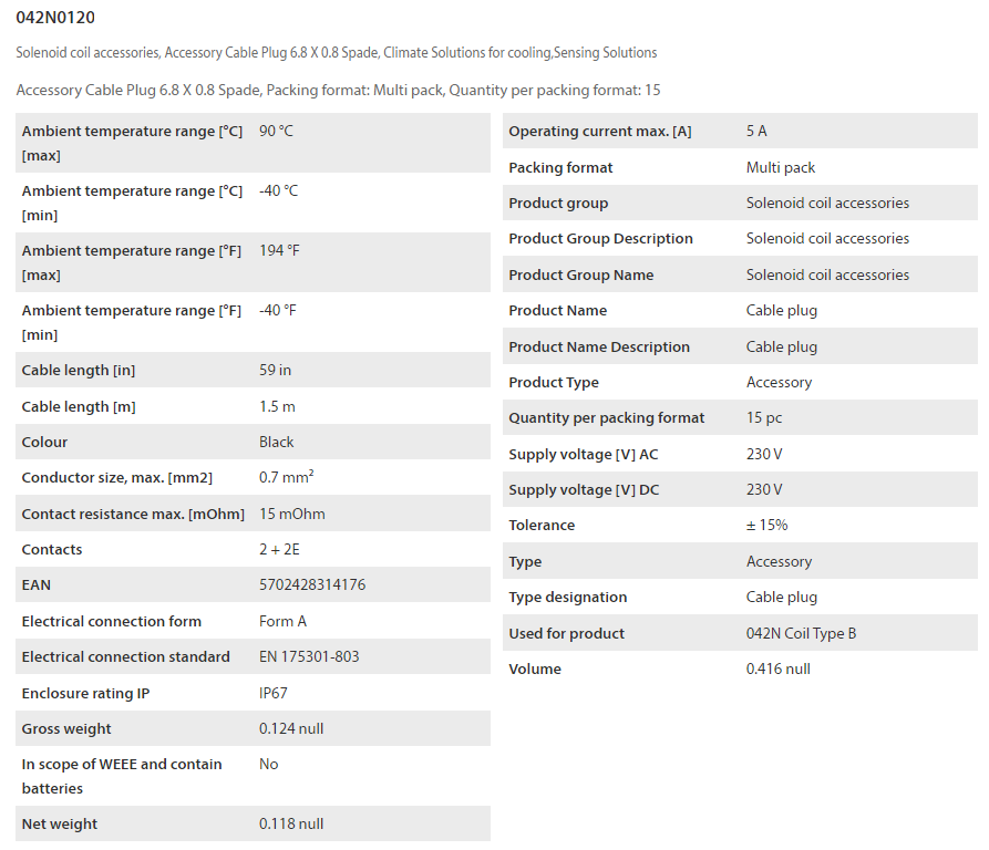 Danfoss 042N0120 Accessory Cable Plug 6.8 X 0.8 Spade