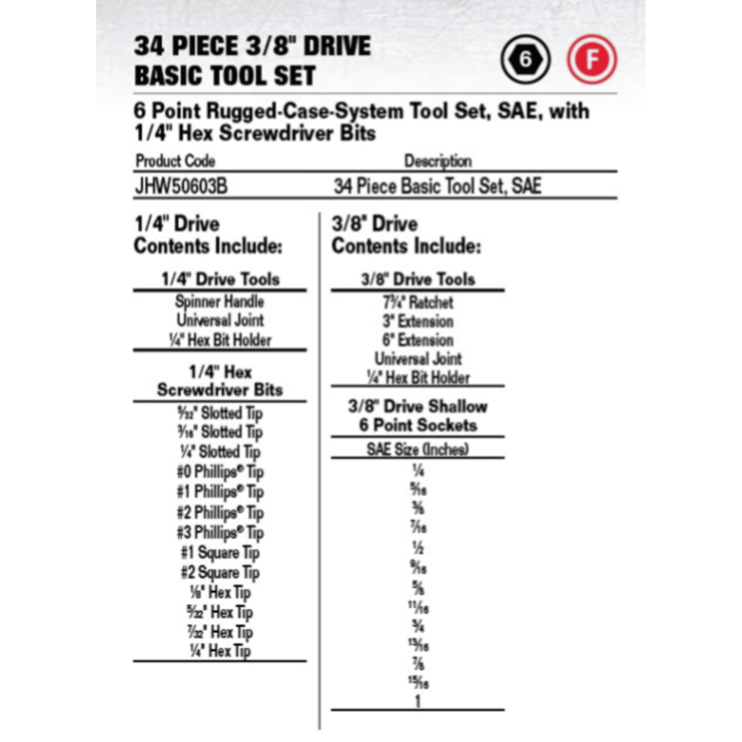 JHW50603B - Williams - 3/8 Drive 34pc Basic Tool Set