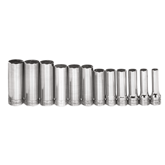 Williams MSBD12HRC,  12 pc 3/8" Drive 6-Point Metric Deep Socket on Rail and Clips