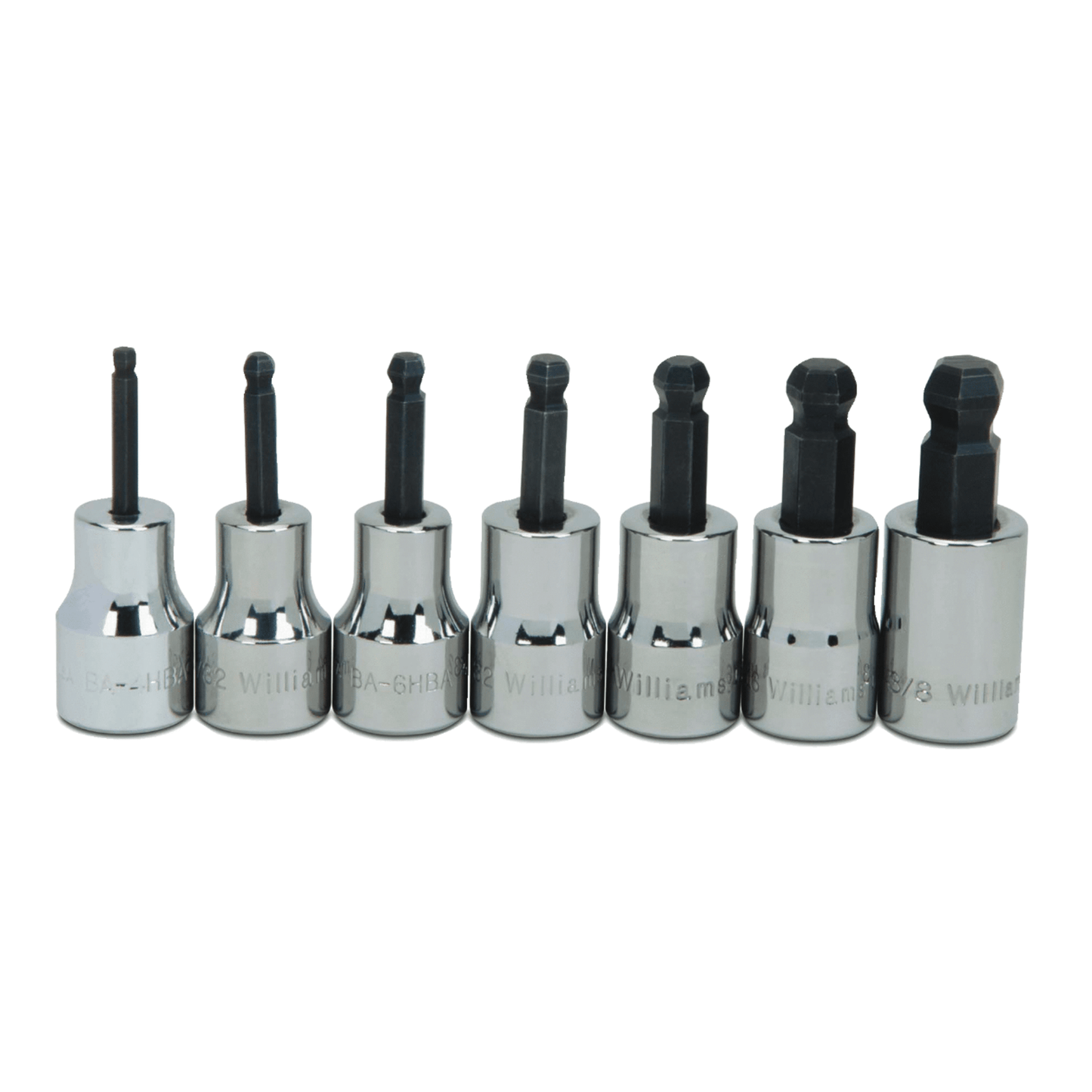 Williams WSBB-7RC, 7 pc 3/8" Drive -Point SAE Bit Ball Tip Hex Bit Socket Set on Rail and Clips