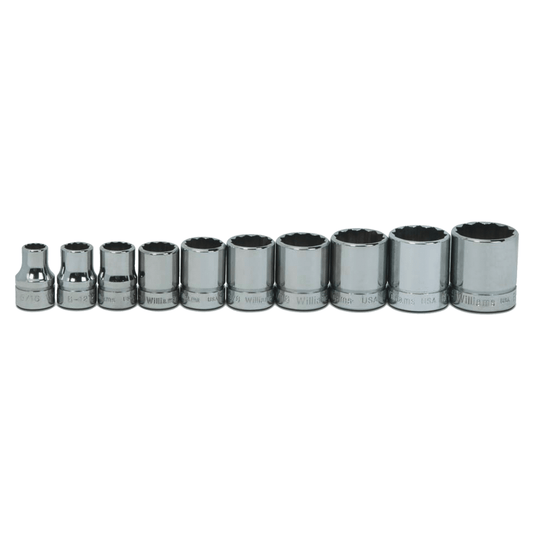 Williams WSB-10RC, 10 pc 3/8" Drive 12-Point SAE Shallow Socket Set on Rail and Clips