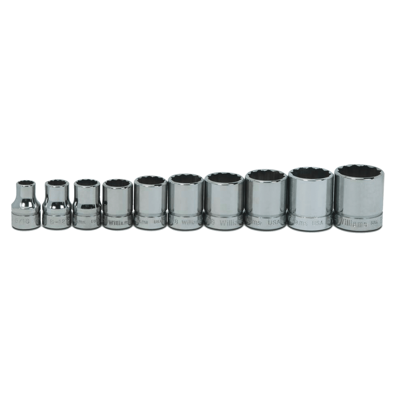 Socket Set on Rail and Clips 3/8" Drive 12-Point SAE Shallow 10 pc - Williams