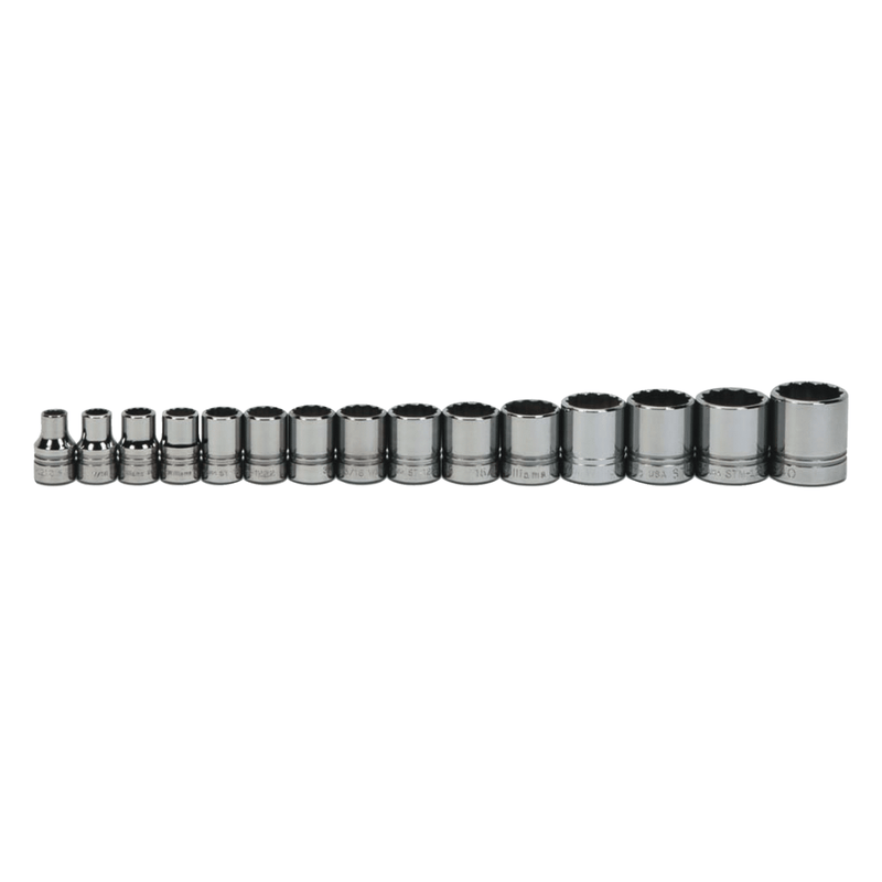 Socket Set on Rail and Clips 1/2" Drive 12-Point SAE Shallow 15pc - Williams
