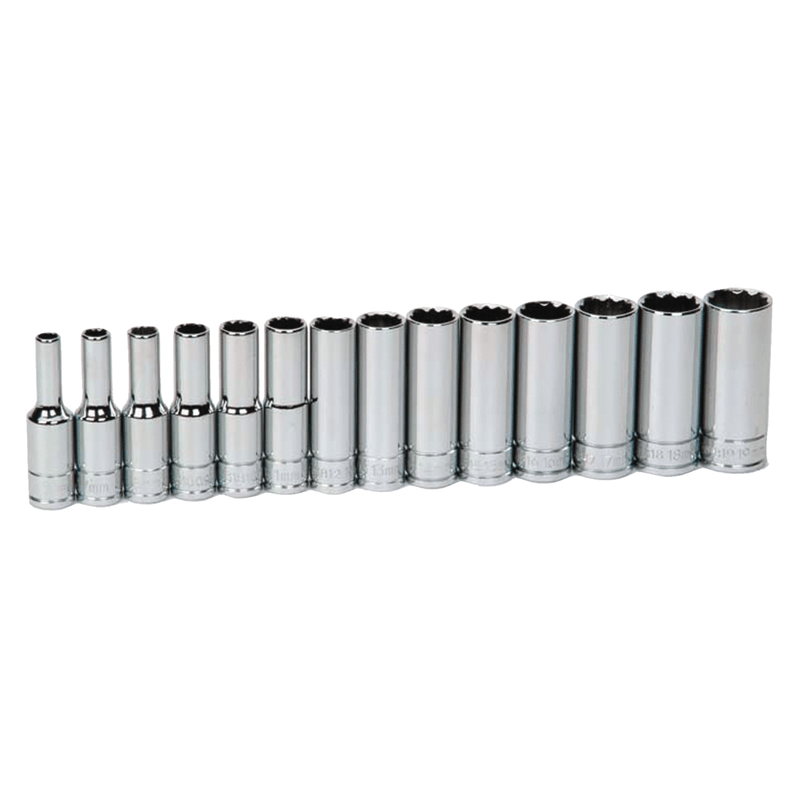 Socket on Rail and Clips 3/8" Drive 12-Point Metric Deep Set 14 pc - Williams