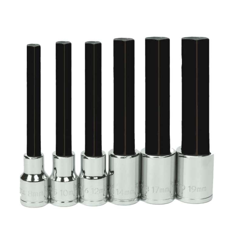 Socket Set on Rail and Clips 1/2" Drive 6-Point Metric Bit Long Hex Bit 6pc  - Williams