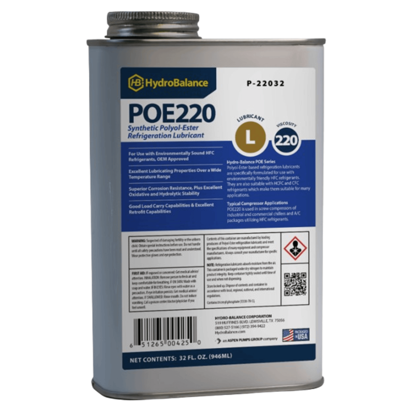 P-22032  -  HydroBalance - ISO 220 Polyol Ester Ref Lube 32 fl.oz. Metal Can, (12PK)