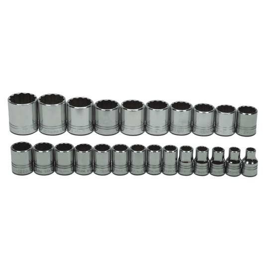 Williams MSS-24RC, 24pc 1/2" Drive 12-Point Metric Shallow Socket Set on Rail and Clips