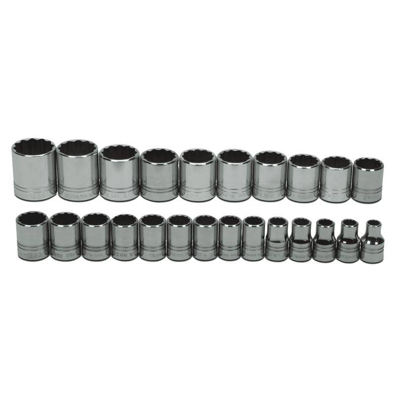 Socket Set on Rail and Clips 1/2" Drive 12-Point Metric Shallow 24pc - Williams