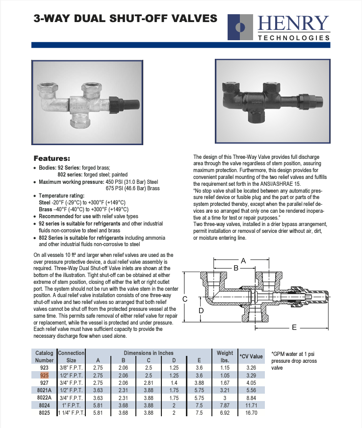 Henry 925 Three Way Valve, Packed Stem Dual Shut-Off - Brass, 1/2 FPT