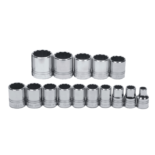 Williams MSS-15SRC, 15pc 1/2" Drive 12-Point Metric Shallow Socket Set on Rail and Clips