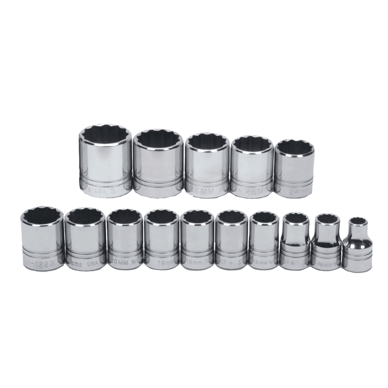 Socket Set on Rail and Clips 1/2" Drive 12-Point Metric Shallow 15pc - Williams