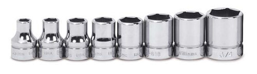Socket Set, 8 pc 3/8" Drive 6-Point SAE Shallow  on Rail and Clips - Williams