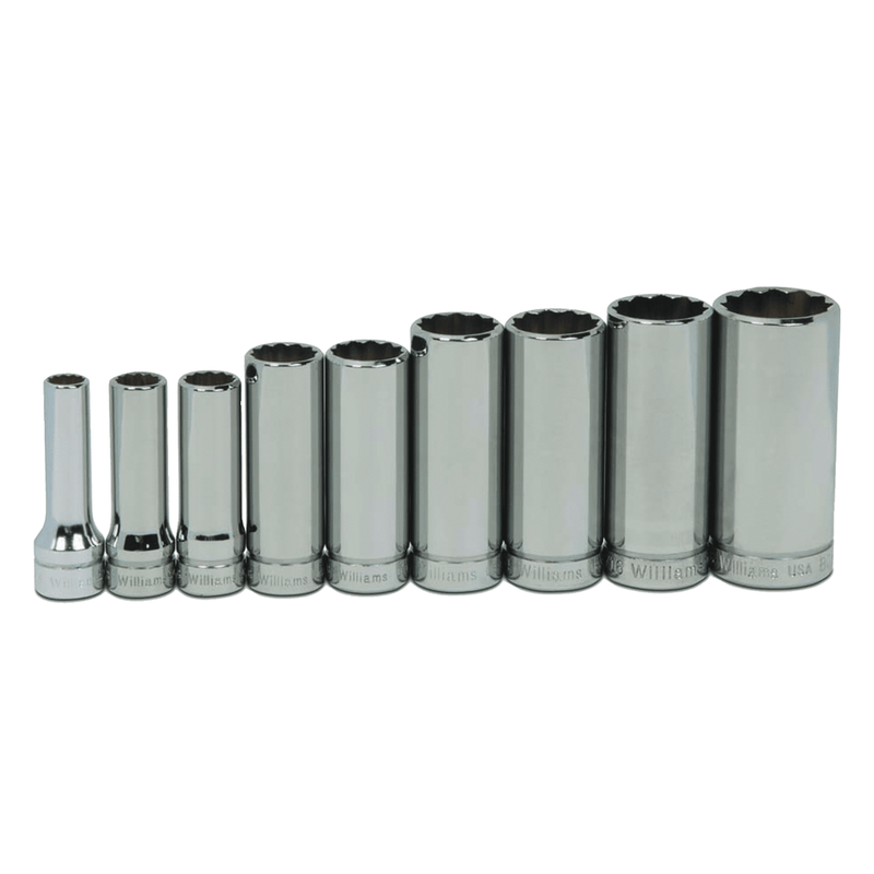 Socket Set on Rail and Clips 3/8" Drive 12-Point SAE Deep 9pc - Williams