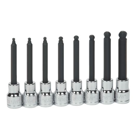 Williams 31947, 8 pc 3/8" Drive -Point SAE Bit Long Ball Tip Hex Bit Socket Set on Rail and Clips