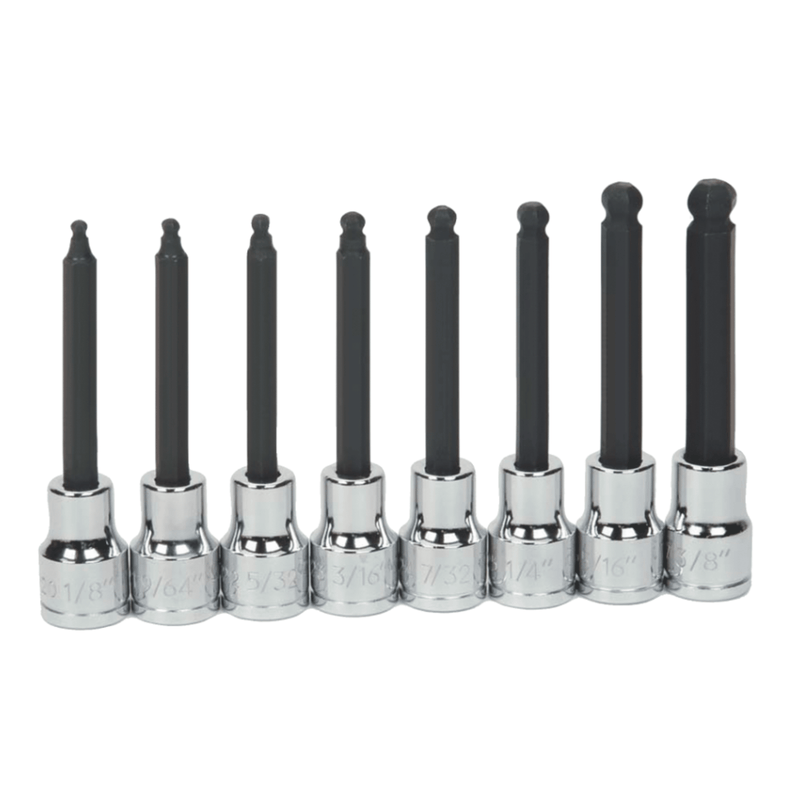 Socket Set 3/8" Drive -Point SAE Bit Long Ball Tip Hex Bit 8 pc - Williams