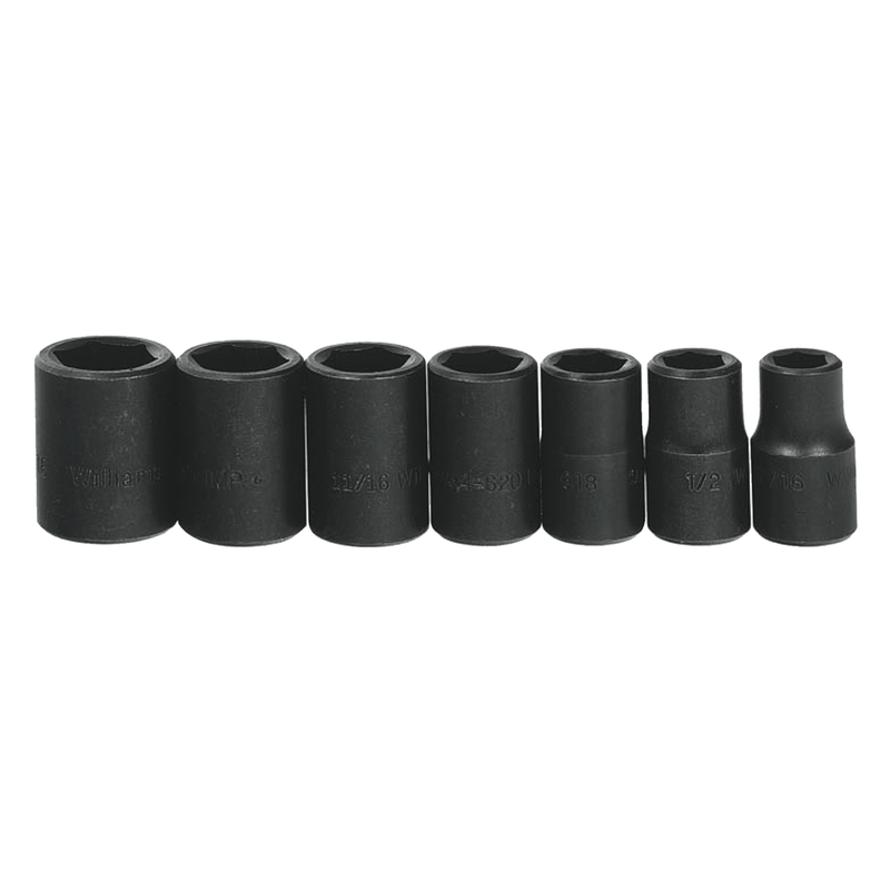 Shallow Socket Set on Rail and Clips 1/2" Drive 6-Point SAE 7pc - Williams