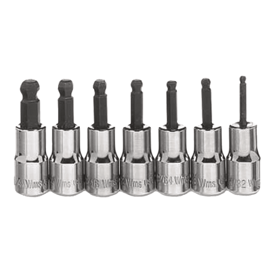 JHWWSM-7HBA - Williams - 7pc 1/4" Drive -Point SAE Bit Ball Tip Hex Bit Socket Set on Rail and Clips