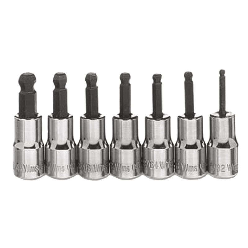 Socket Set on Rail and Clips 1/4" Drive -Point SAE Bit Ball Tip Hex Bit 7pc  - Williams