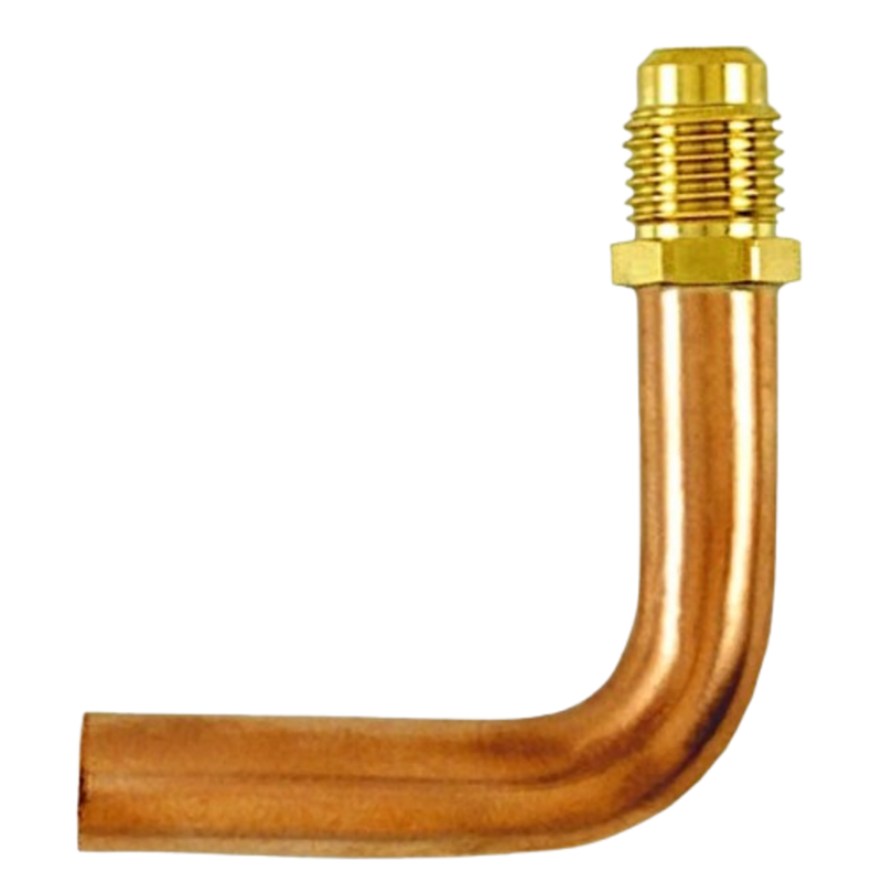 Robinet d'accès 1/4" mâle évasé raccordé sur tube cuivre cintré à 90° de 3/8", capuchon en laiton CD2245 et obus 1 pièce - C&D