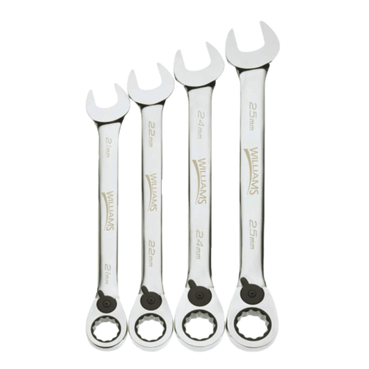 Williams MWS-4RC, 4pc Metric Reversible Ratcheting Combination Wrench Set