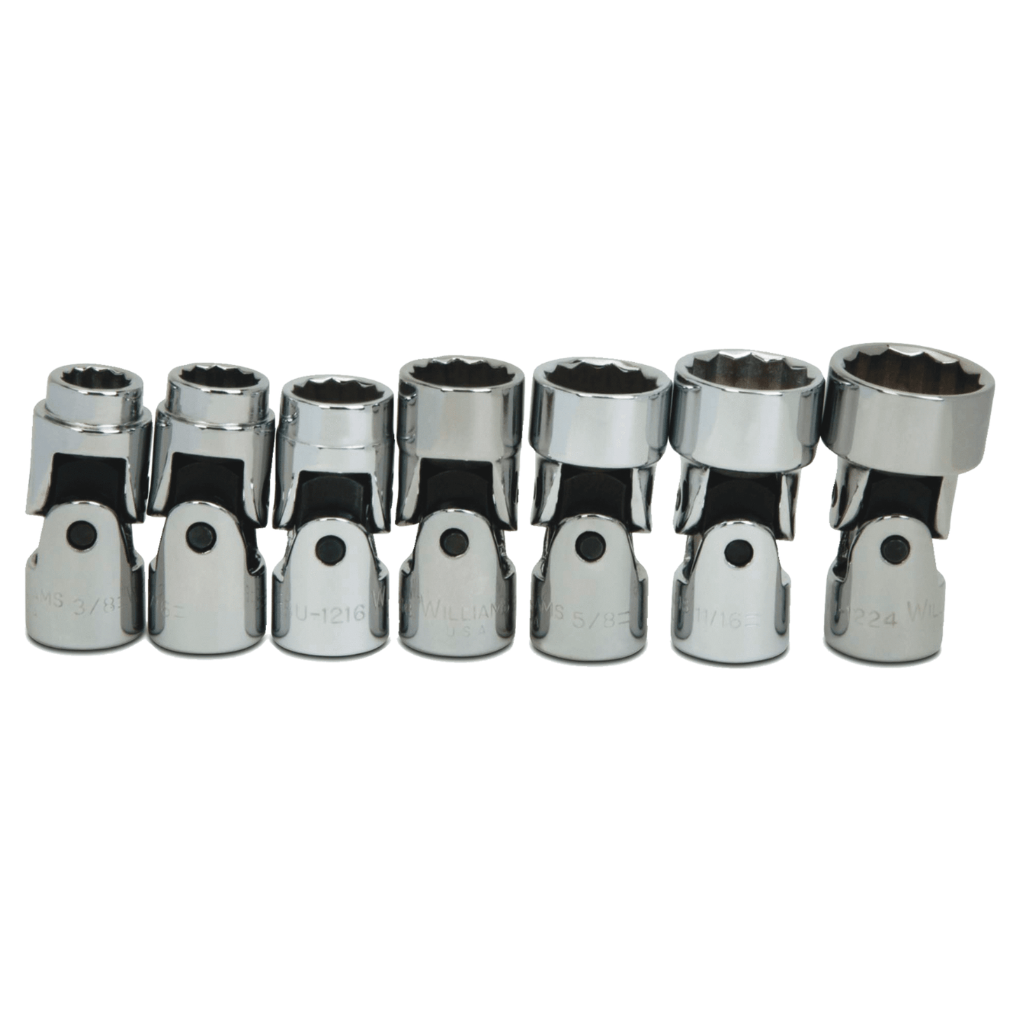 Williams WSB-7U, 7 pc 3/8" Drive 12-Point SAE Universal Universal Socket Set on Rail and Clips