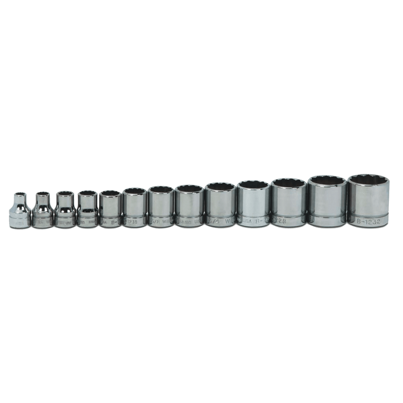 Socket Set on Rail and Clips 3/8" Drive 12-Point SAE Shallow 13pc - Williams