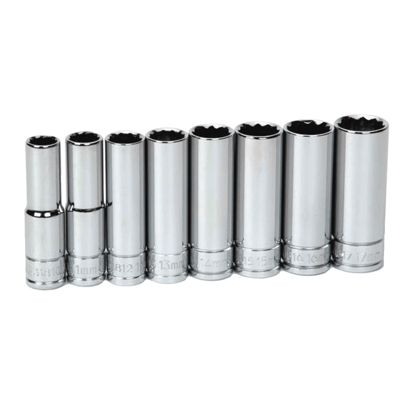 Socket Set on Rail and Clips 3/8" Drive 12-Point Metric Deep  8 pc - Williams
