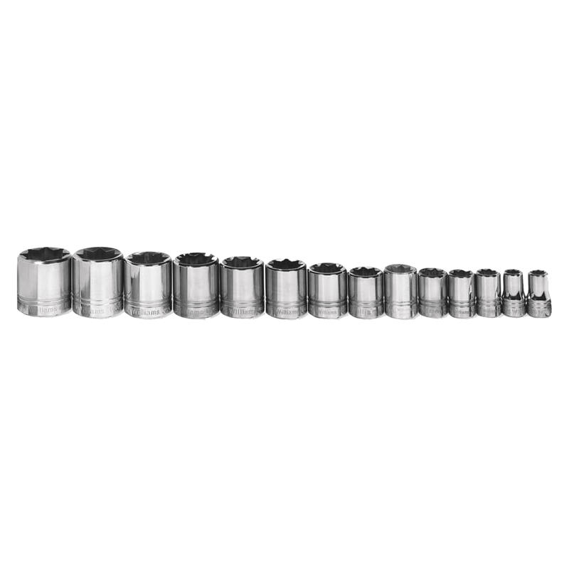 Socket Set on Rail and Clips 1/2" Drive 8-Point SAE Shallow 14pc - Williams