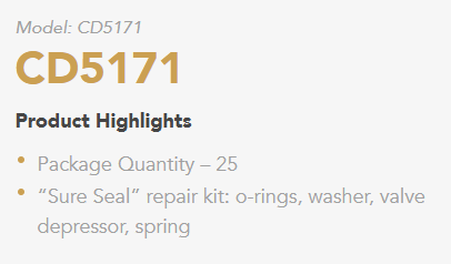 Kit de réparation de valve d'accès « Sure Seal » : joints toriques, rondelle, dépresseur de valve, ressort 1 JEU – C&D