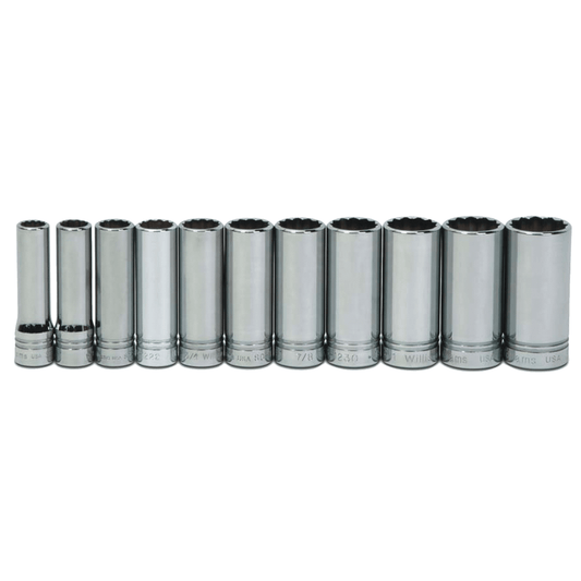 Williams WSSD-11RC, 11pc 1/2" Drive 8-Point SAE Deep Socket Set on Rail and Clips