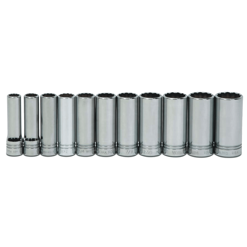 Socket Set on Rail and Clips 1/2" Drive 8-Point SAE Deep 11pc - Williams