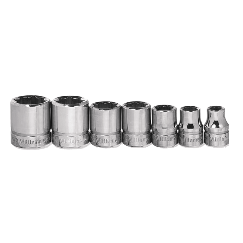 Socket Set on Rail and Clips 3/8" Drive 4 & 8-Point SAE Shallow 7pc - Williams
