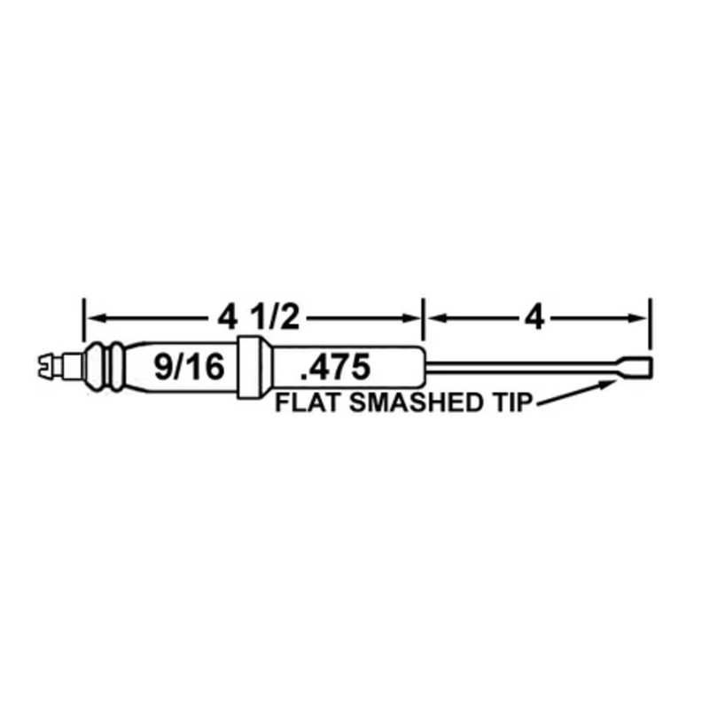 Technical drawing of a flat smashed tip with measurements on a white background