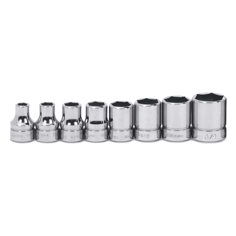 Socket Set on Rail and Clips 1/2" Drive 8-Point SAE Shallow 10pc - Williams