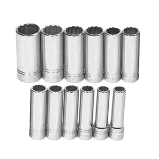 Williams MSSD-12RC, 12pc 1/2" Drive 12-Point Metric Deep Socket Set on Rail and Clips